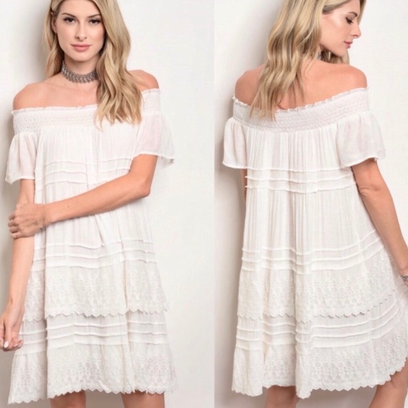 (WHITE) Flutter and Lace Off Shoulder Dress - Picture 2 of 4